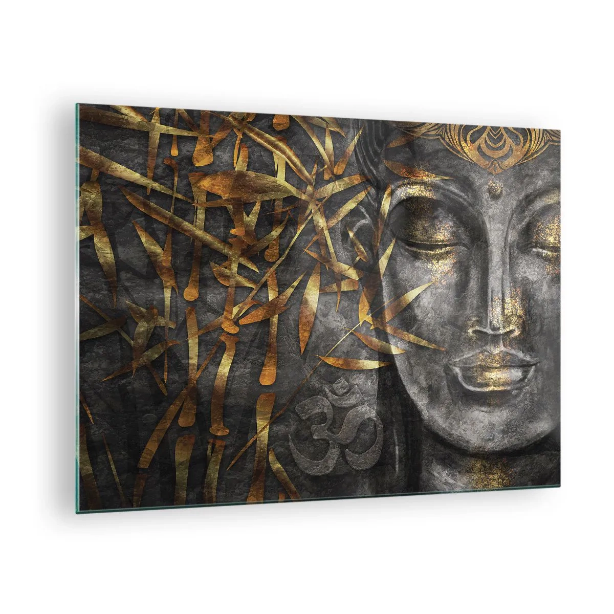 Glass picture - Golden Buddha image against a bamboo background - 70x50cm - Feel the Peace - Modern wall decoration for the living room and bedroom ARTTOR