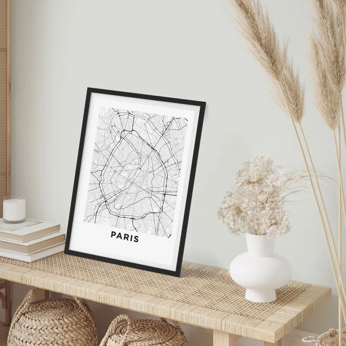 Poster in black frame - map of Paris in a minimalist black and white style. - 50x70cm - Flower of Paris - Modern wall decoration for the living room and bedroom ARTTOR