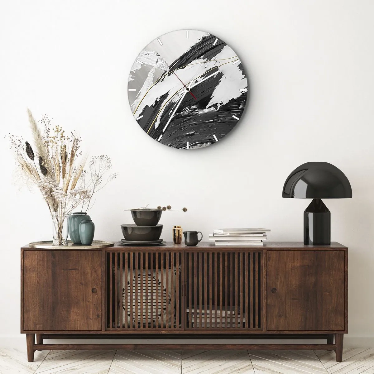 Wall clock - Clock on glass - Dynamic brushstrokes in black, white, and gray - 30x30cm - Abstract with Flair - Modern wall decoration for the living room, kitchen, and bedroom ARTTOR
