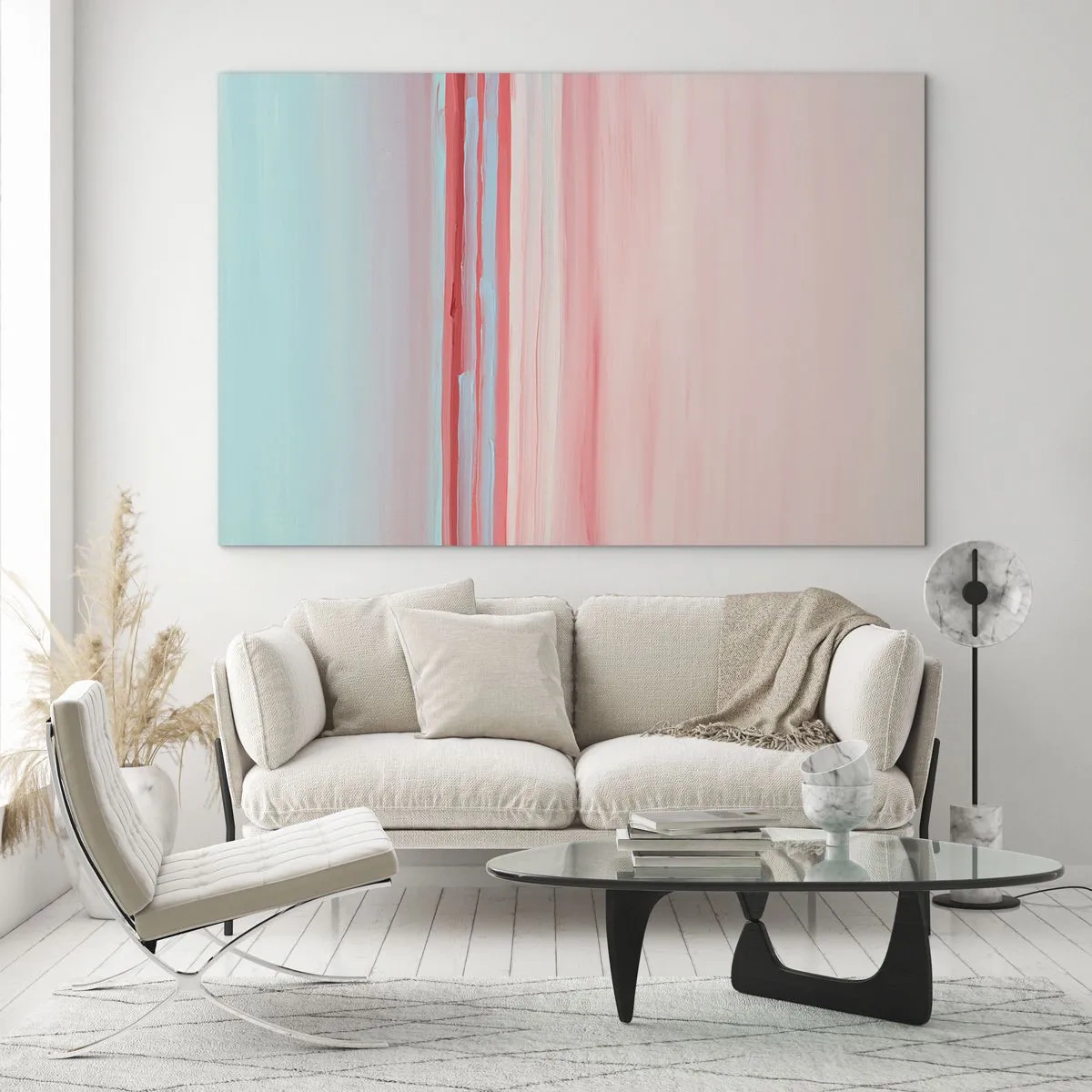 Glass picture - Vertical stripes in pastel shades of pink and blue - 70x50cm - Abstract at Dawn - Modern wall decoration for the living room and bedroom ARTTOR