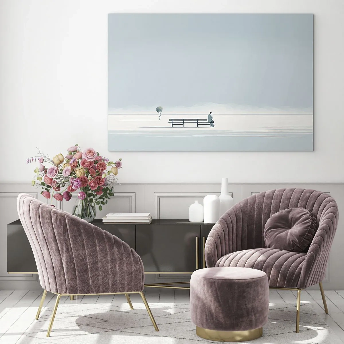 Glass picture - A figure at a bench in a minimalist landscape - 70x50cm - Yes, I Am Waiting - Modern wall decoration for the living room and bedroom ARTTOR
