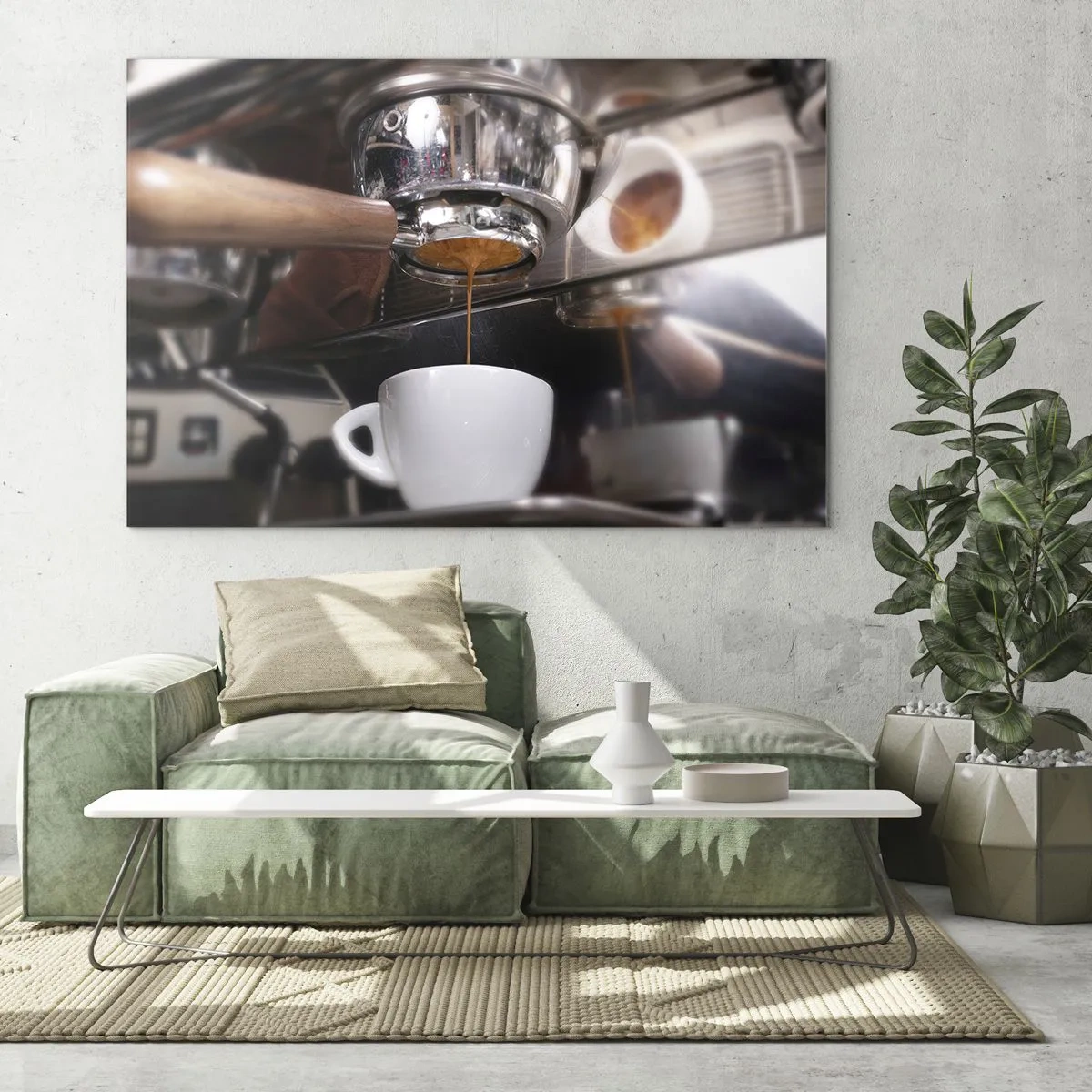 Glass picture - Close-up of a cup of coffee being poured from a pressure coffee maker - 70x50cm - Good Moment of the Day - Modern wall decoration for the living room and bedroom ARTTOR