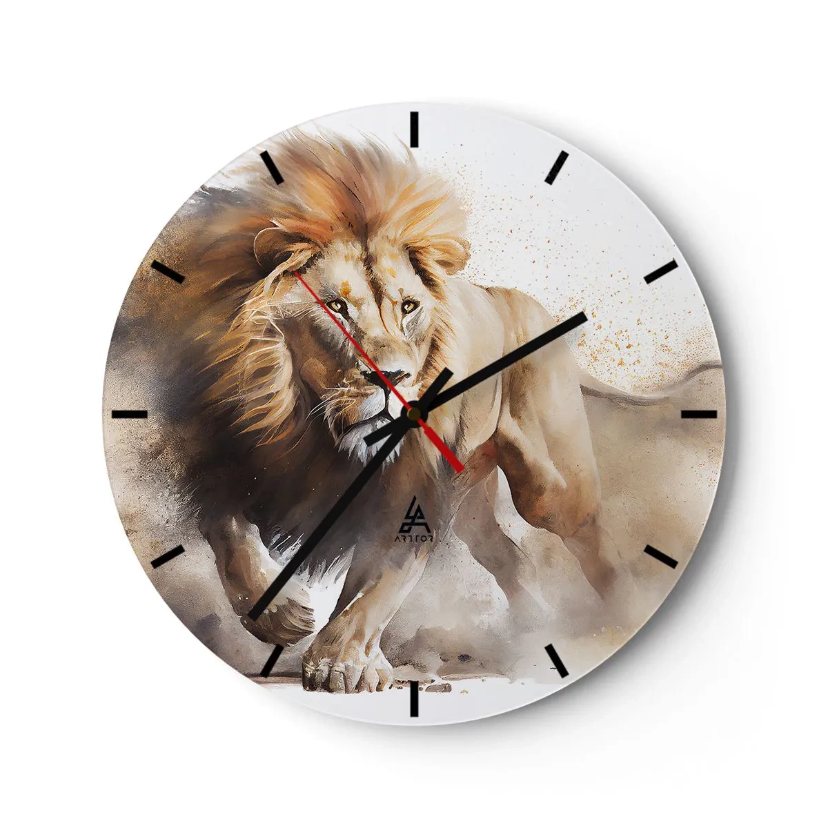 Wall clock - Clock on glass - Dynamic shot of a lion in motion against a white background with a dust effect. - 30x30cm - King is on the Move - Modern wall decoration for the living room, kitchen, and bedroom ARTTOR