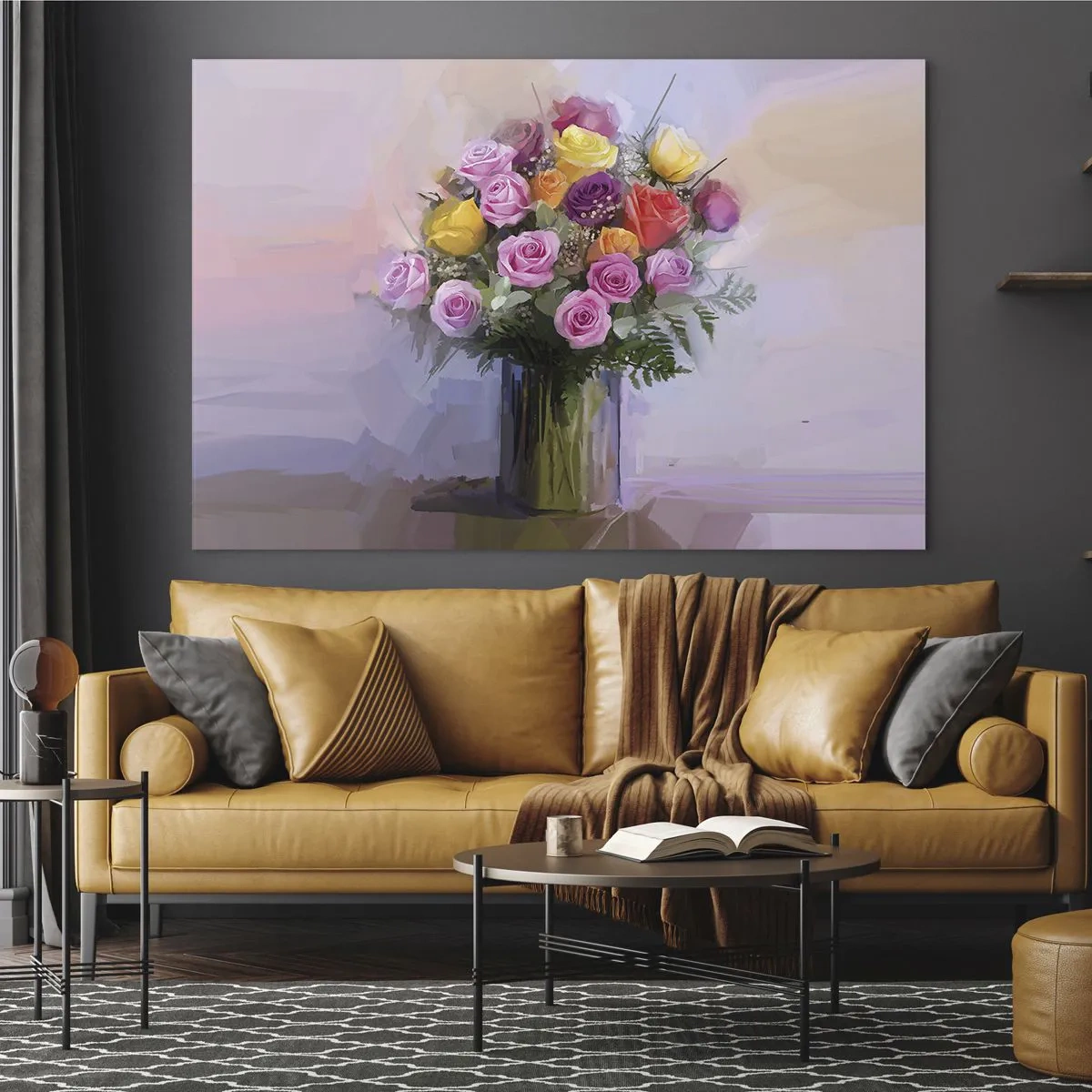 Glass picture - A bouquet of roses in a glass vase on a pastel background - 70x50cm - Retained Beauty - Modern wall decoration for the living room and bedroom ARTTOR