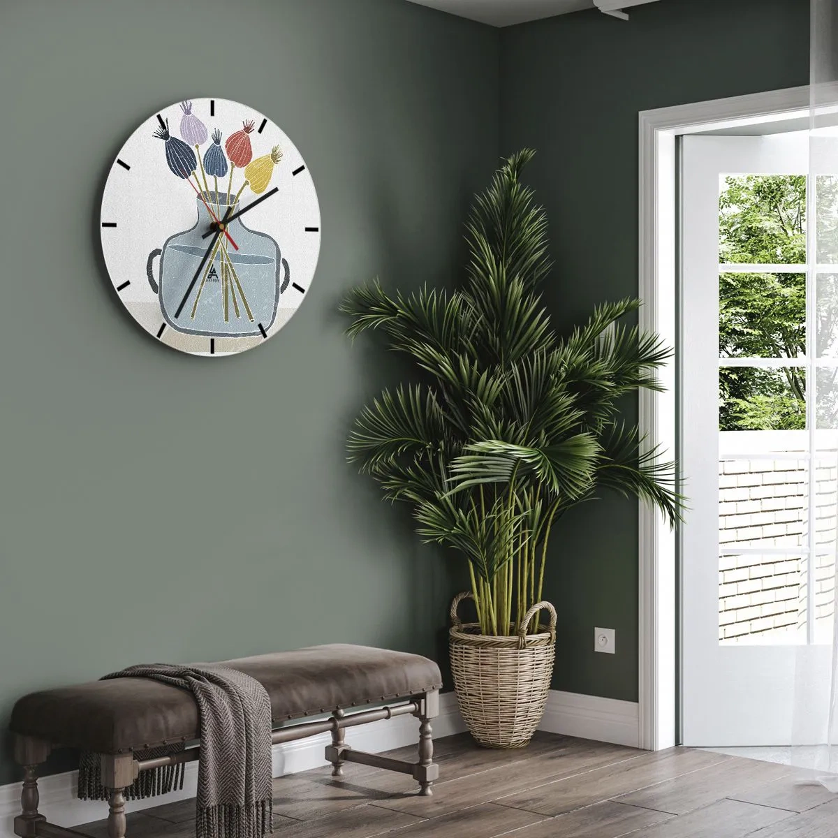 Wall clock - Clock on glass - Decorative artwork with a vase and dry flowers - 30x30cm - As Quiet as Poppies - Modern wall decoration for the living room, kitchen, and bedroom ARTTOR