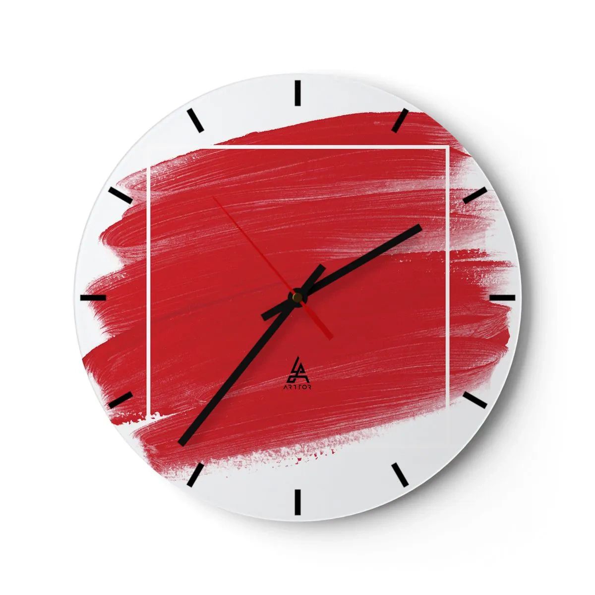 Wall clock - Clock on glass - Red brush stroke crossing a white border - 30x30cm - Without a Frame - Modern wall decoration for the living room, kitchen, and bedroom ARTTOR