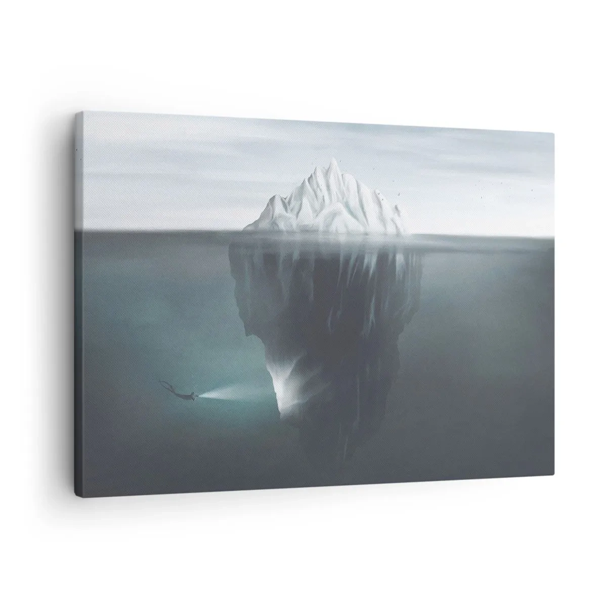 Canvas picture - An iceberg in the water with a diver and a searchlight beneath the surface. - 70x50cm - Underwater Secret - Modern wall decoration for the living room and bedroom ARTTOR