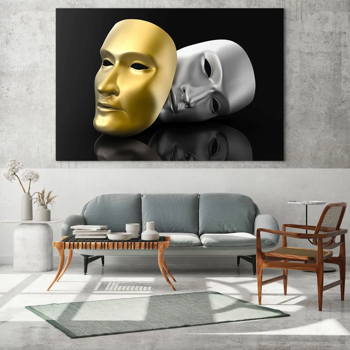 Glass picture - Gold and silver mask on a black background - 70x50cm - Life Is a Theatre - Modern wall decoration for the living room and bedroom ARTTOR