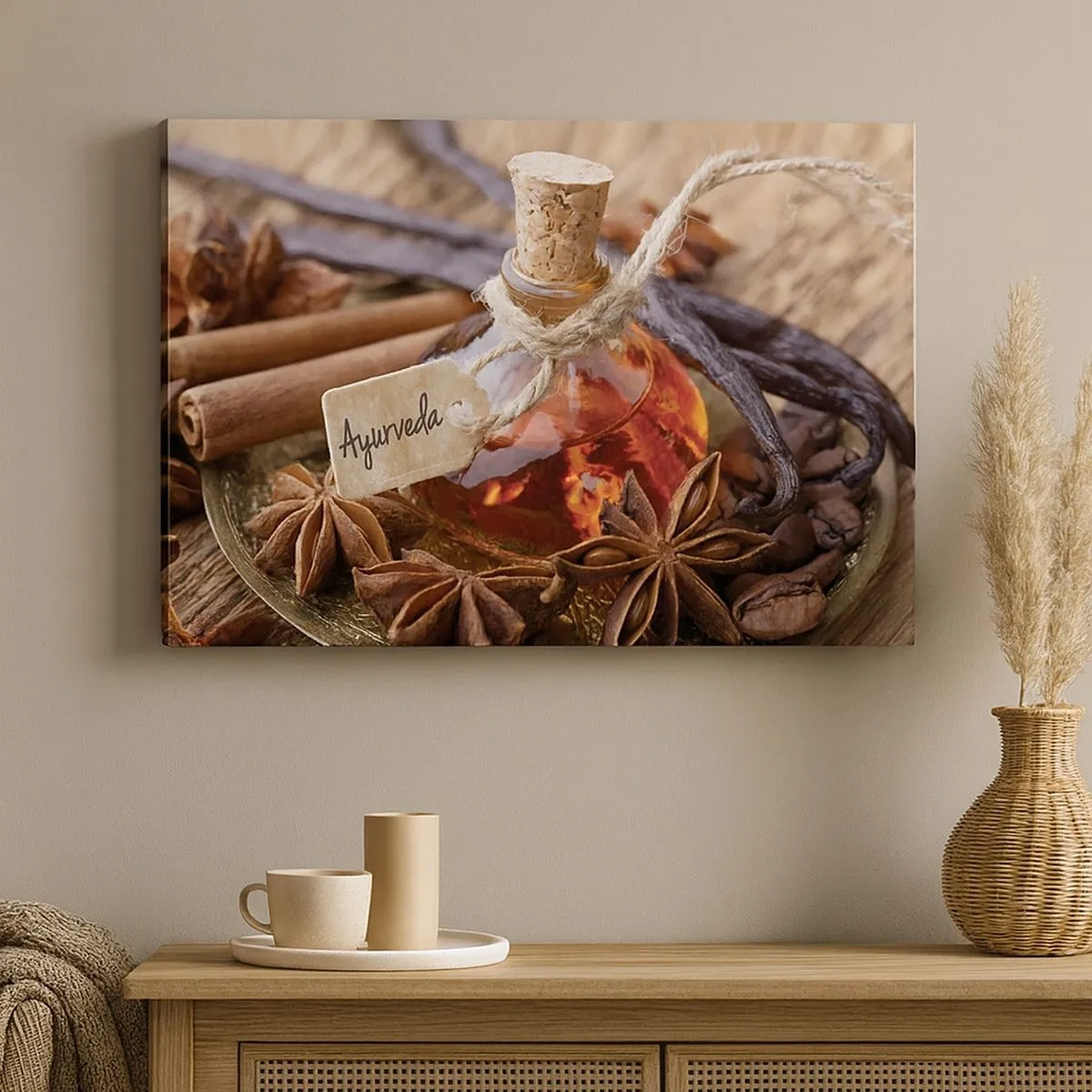 Canvas picture - A bottle of spice oil on a tray - 70x50cm - Unity of Body and Spirit - Modern wall decoration for the living room and bedroom ARTTOR