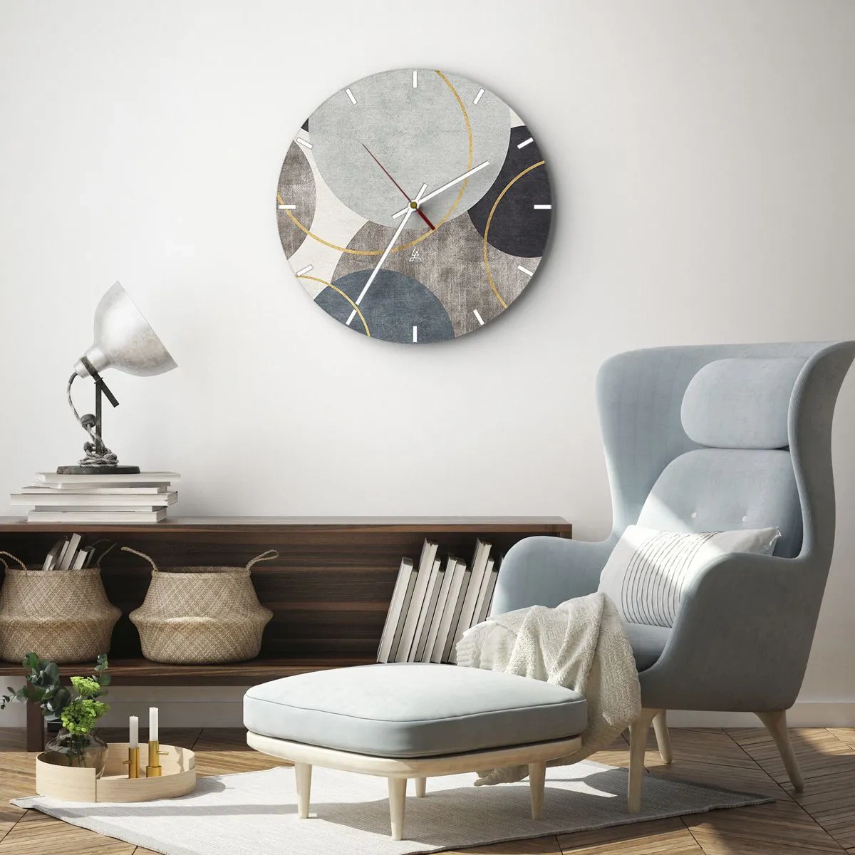 Wall clock - Clock on glass - A stylish composition of circles and arcs in subdued colors. - 30x30cm - Wheel after Wheel - Modern wall decoration for the living room, kitchen, and bedroom ARTTOR