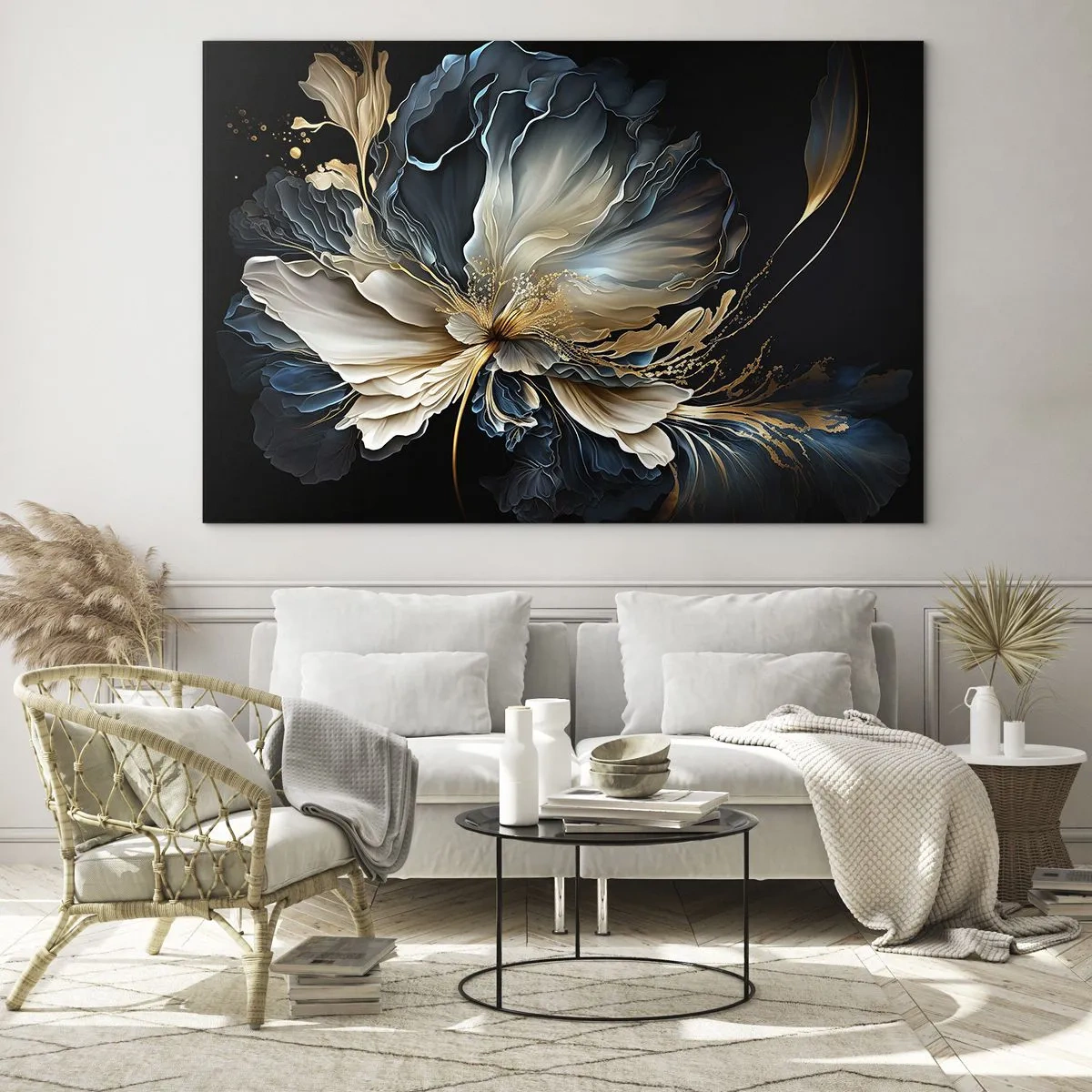 Glass picture - fancy flower in shades of gold, navy blue and beige on black - 70x50cm - Fairy Tale World of Ferns - Modern wall decoration for the living room and bedroom ARTTOR