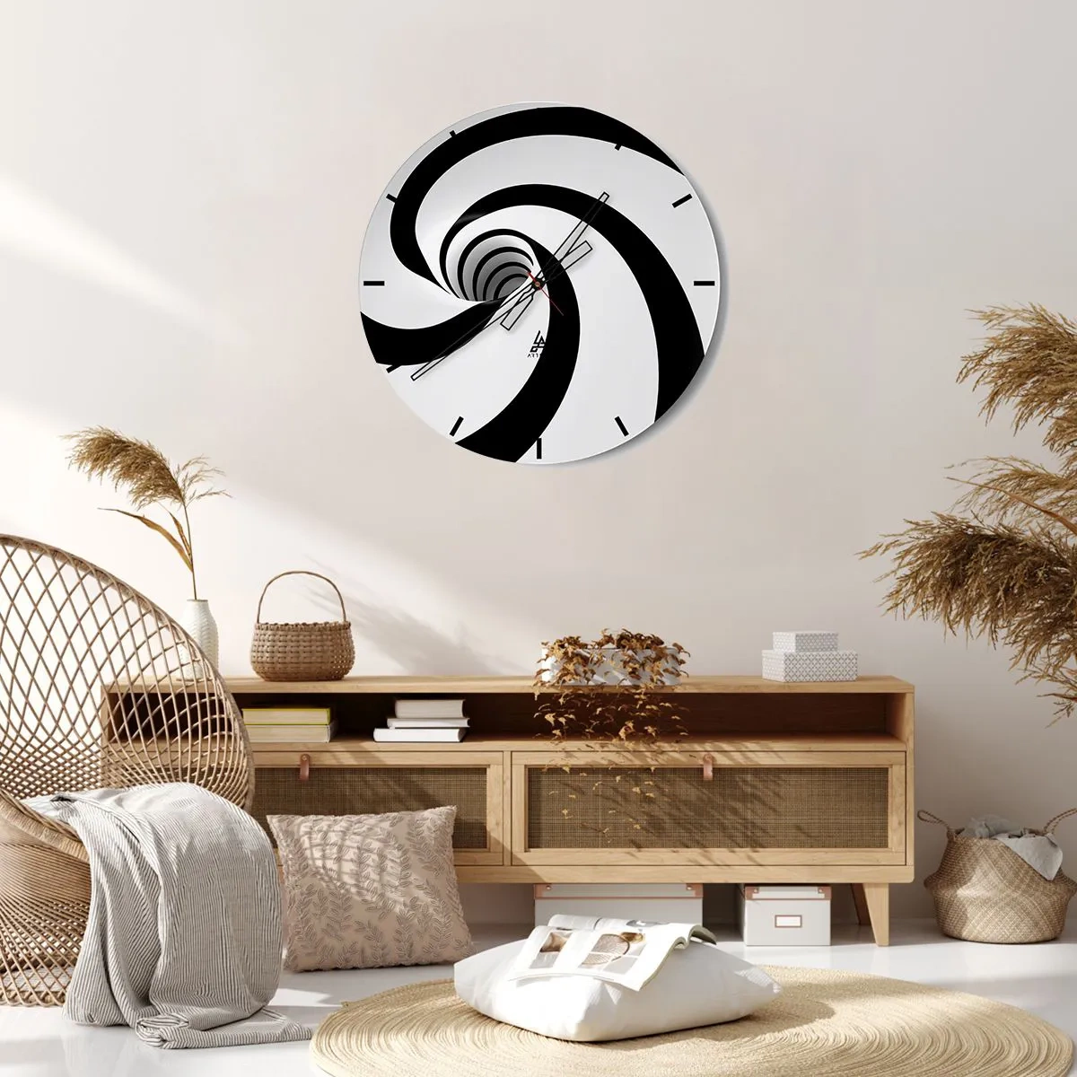 Wall clock - Clock on glass - Dynamic black and white spiral - 30x30cm - Let the Whirl Draw You in? - Modern wall decoration for the living room, kitchen, and bedroom ARTTOR