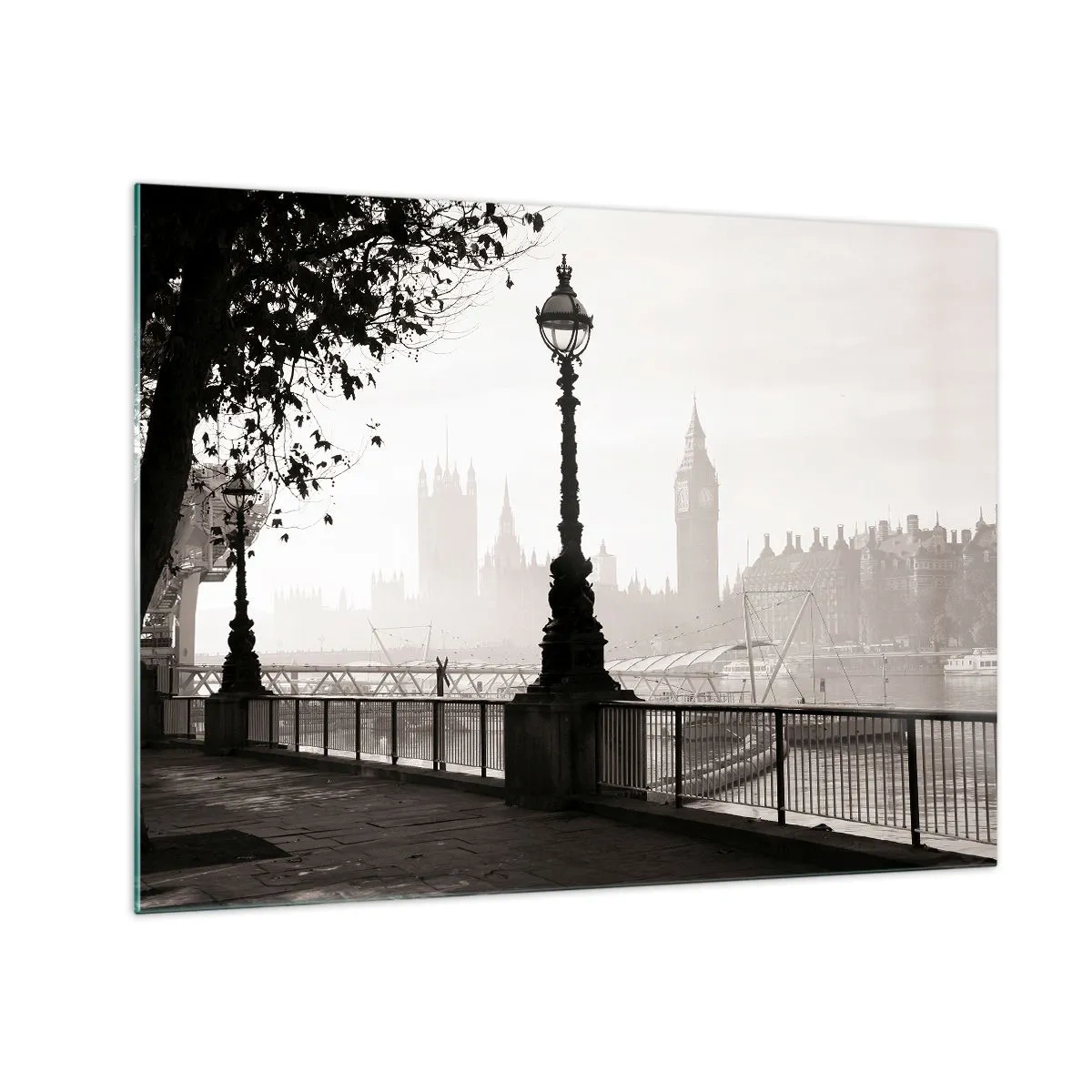 Glass picture - Black and white photograph of London's promenade with Big Ben - 70x50cm - London Morning - Modern wall decoration for the living room and bedroom ARTTOR