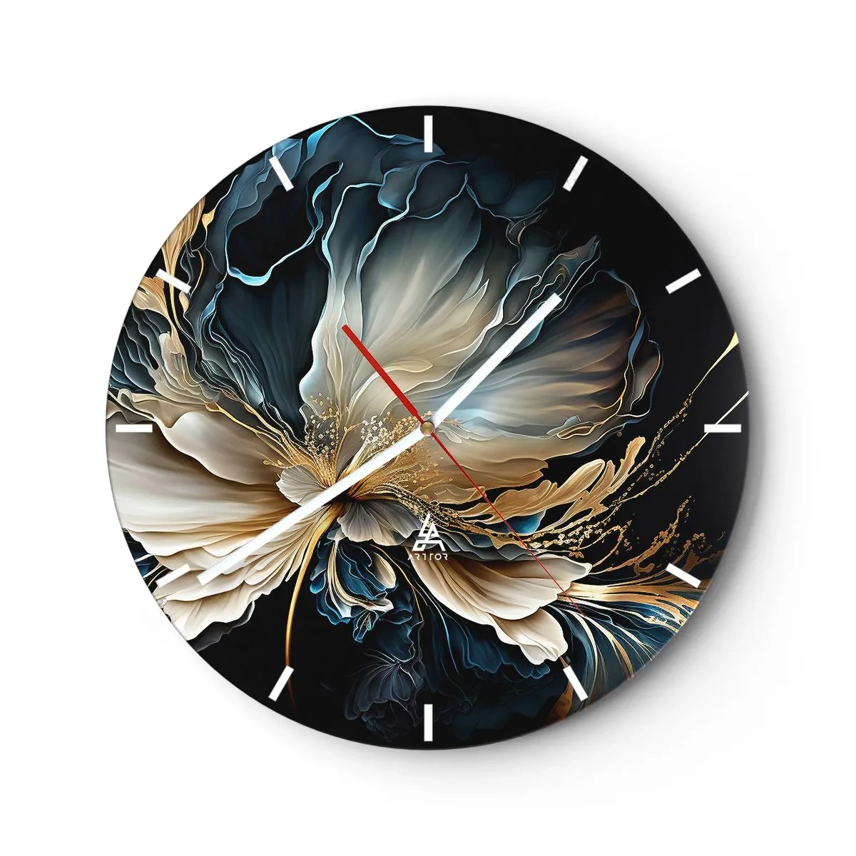 Wall clock - Clock on glass - A fancy flower with flowing shapes in gold and navy blue. - 30x30cm - Fairy Tale World of Ferns - Modern wall decoration for the living room, kitchen, and bedroom ARTTOR