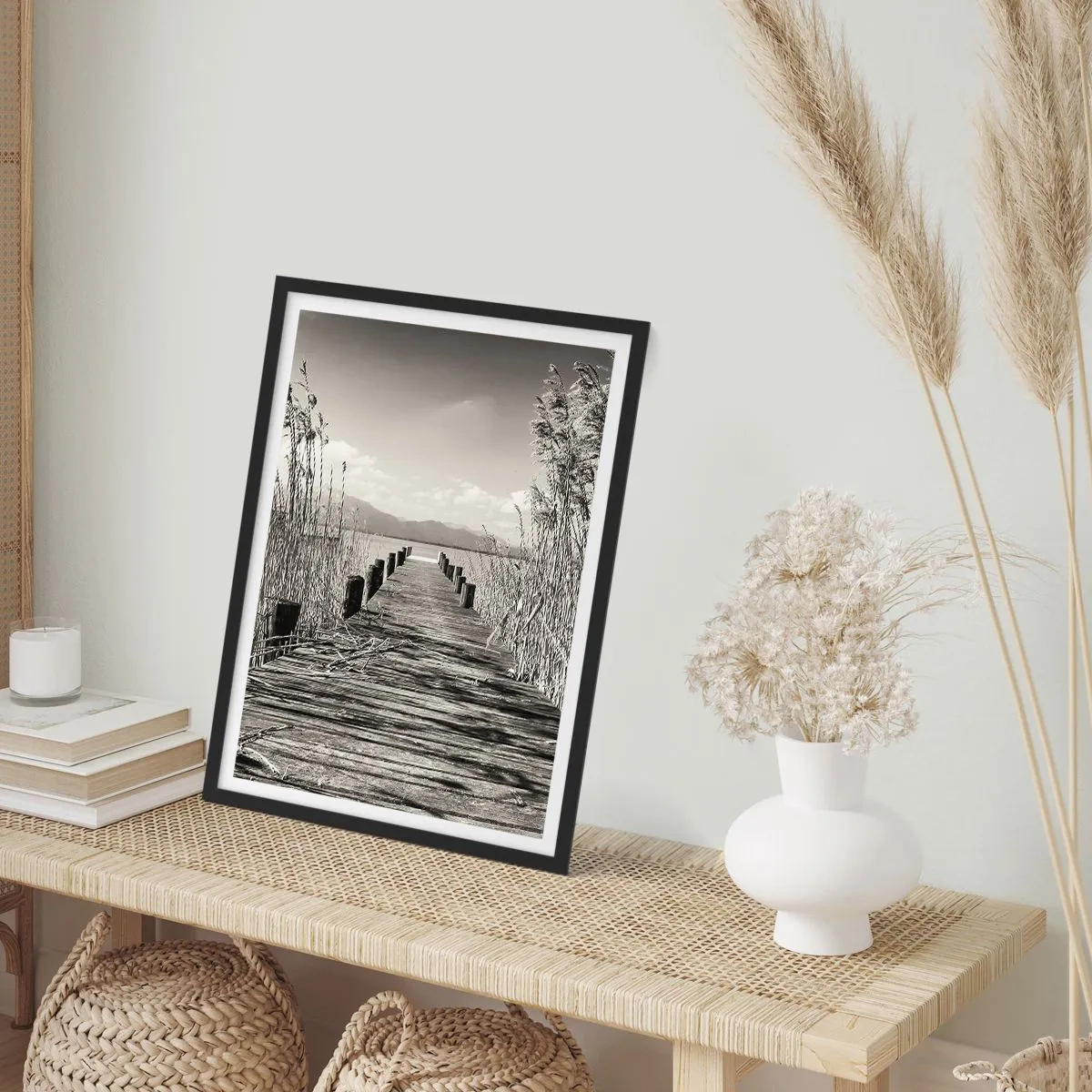 Poster in black frame - A wooden bridge among the reeds over a sepia-toned lake - 50x70cm - In the Grass - Modern wall decoration for the living room and bedroom ARTTOR