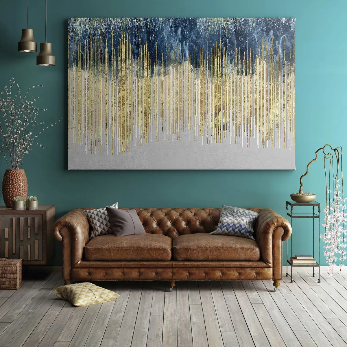 Canvas picture - Golden lines against a background of navy blue and gray abstraction - 70x50cm - Glided Border - Modern wall decoration for the living room and bedroom ARTTOR