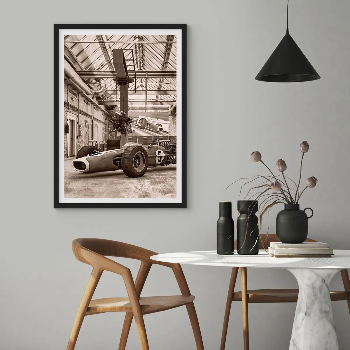 Poster in black frame - Iconic racing car in an industrial interior - 50x70cm - Rest of the Winner - Modern wall decoration for the living room and bedroom ARTTOR