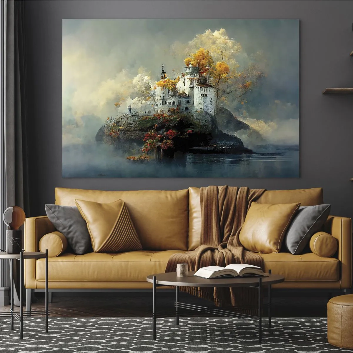 Glass picture - A castle on a rock surrounded by fog and autumn trees - 70x50cm - Beginning of a Romantic Tale - Modern wall decoration for the living room and bedroom ARTTOR