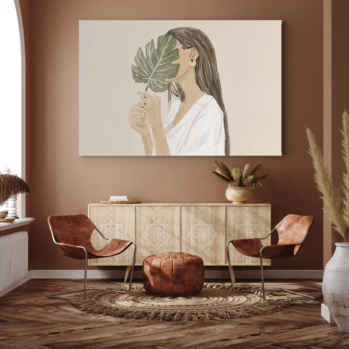 Canvas picture - Portrait of a woman with a monstera leaf on a beige background - 70x50cm - Mysterious Portrait with a Fan - Modern wall decoration for the living room and bedroom ARTTOR