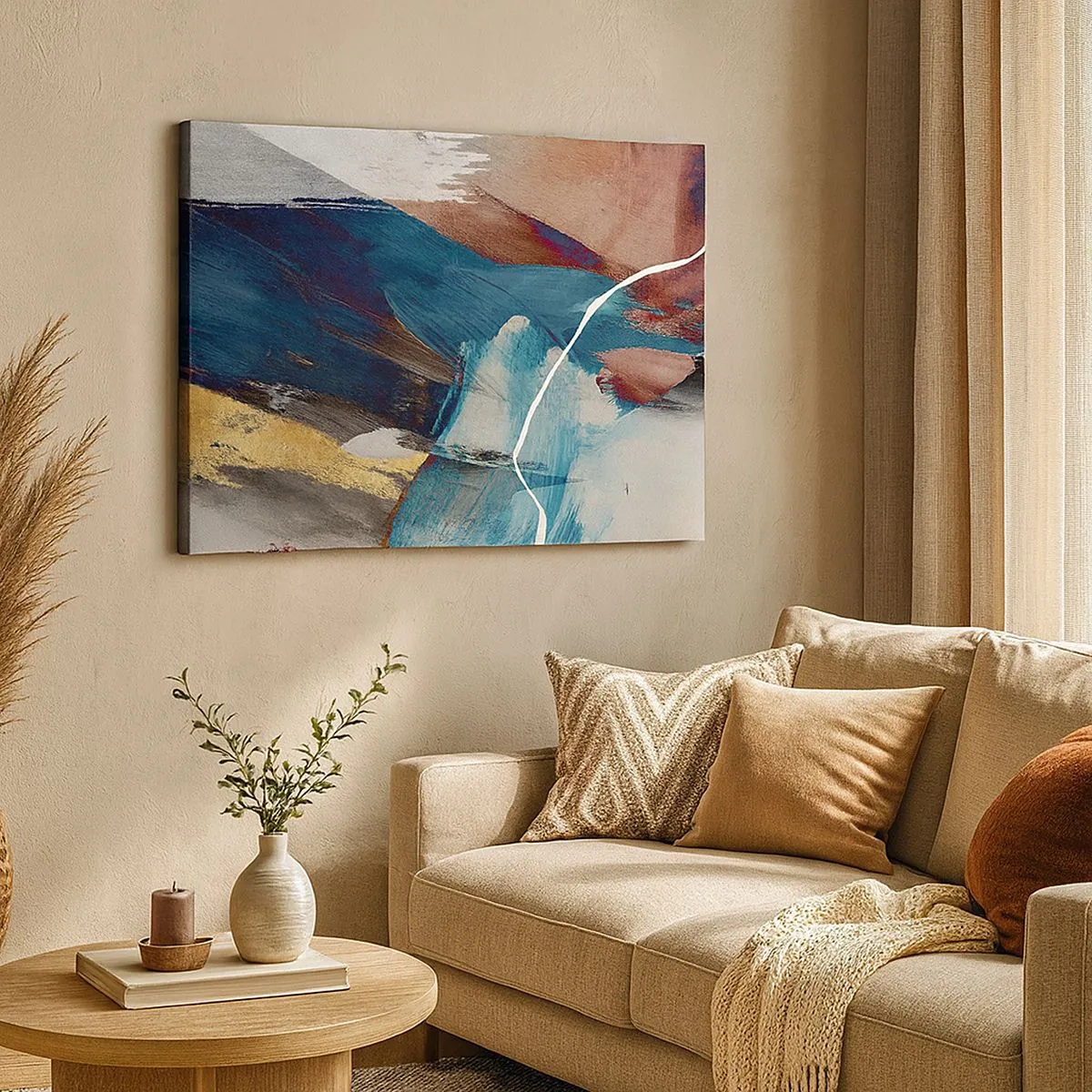 Canvas picture - Abstract brushstrokes in shades of blue and gold - 70x50cm - With Panache and Energy - Modern wall decoration for the living room and bedroom ARTTOR