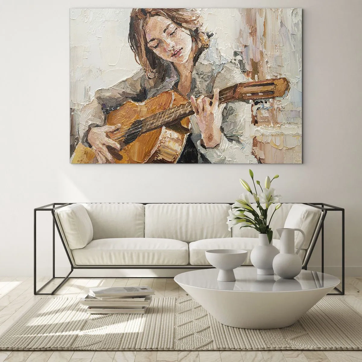 Glass picture - A girl playing the guitar in an impressionist style - 70x50cm - Concert for Guitar and Girly Heart - Modern wall decoration for the living room and bedroom ARTTOR