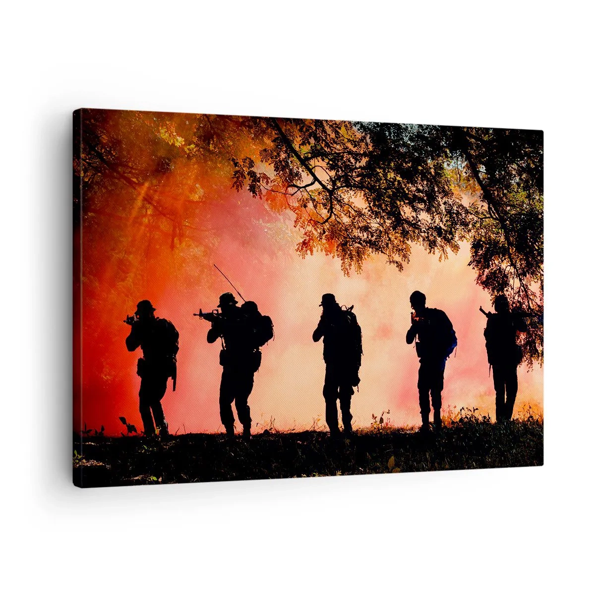 Canvas picture - Silhouettes of soldiers in the forest against the orange sky - 70x50cm - ...All for One - Modern wall decoration for the living room and bedroom ARTTOR