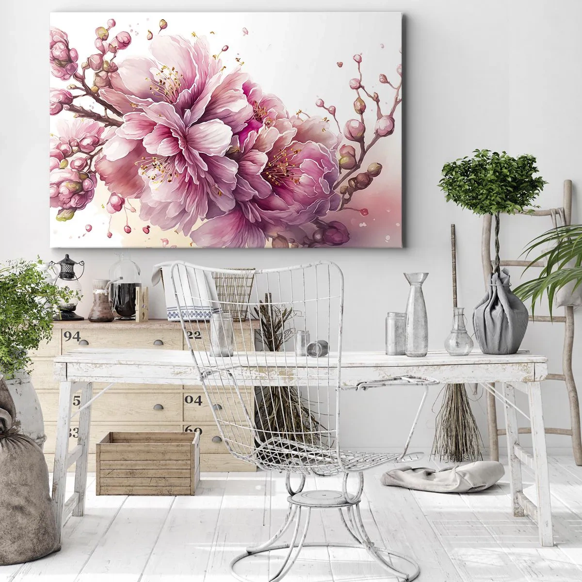 Canvas picture - Delicate cherry blossoms in full bloom against a light background - 70x50cm - Land of Cherry Blossoms - Modern wall decoration for the living room and bedroom ARTTOR