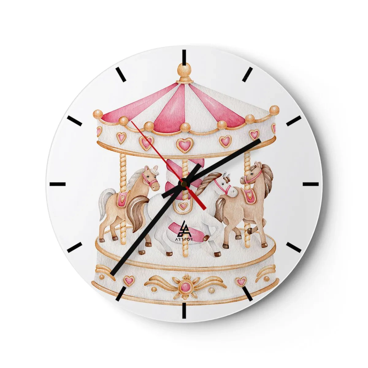 Wall clock - Clock on glass - Pink and cream carousel with horses on a white background - 30x30cm - Sweet World of Childhood - Modern wall decoration for the living room, kitchen, and bedroom ARTTOR