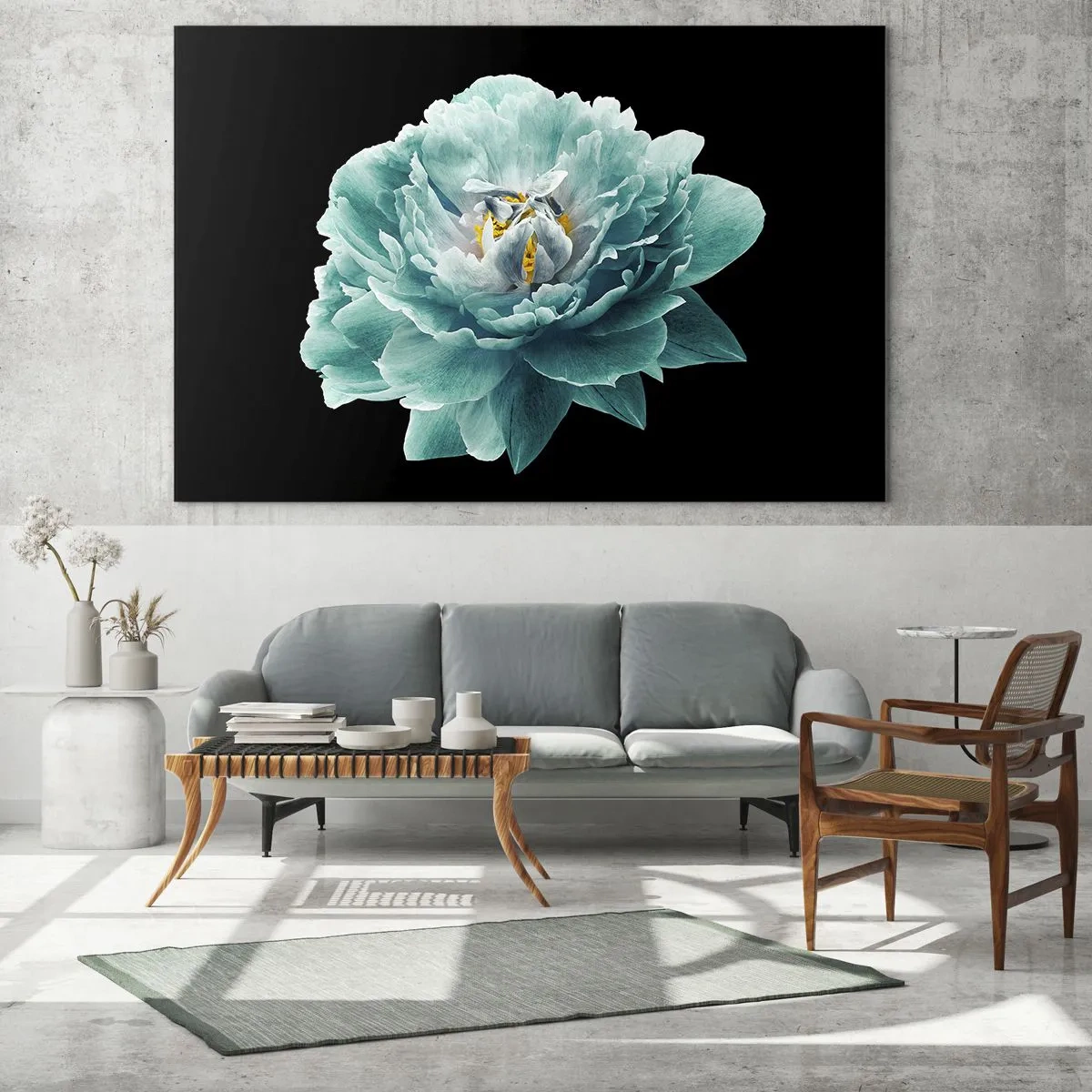 Glass picture - A turquoise flower with a yellow center on a black background in a glamorous style. - 70x50cm - Blue and Gold Petals - Modern wall decoration for the living room and bedroom ARTTOR