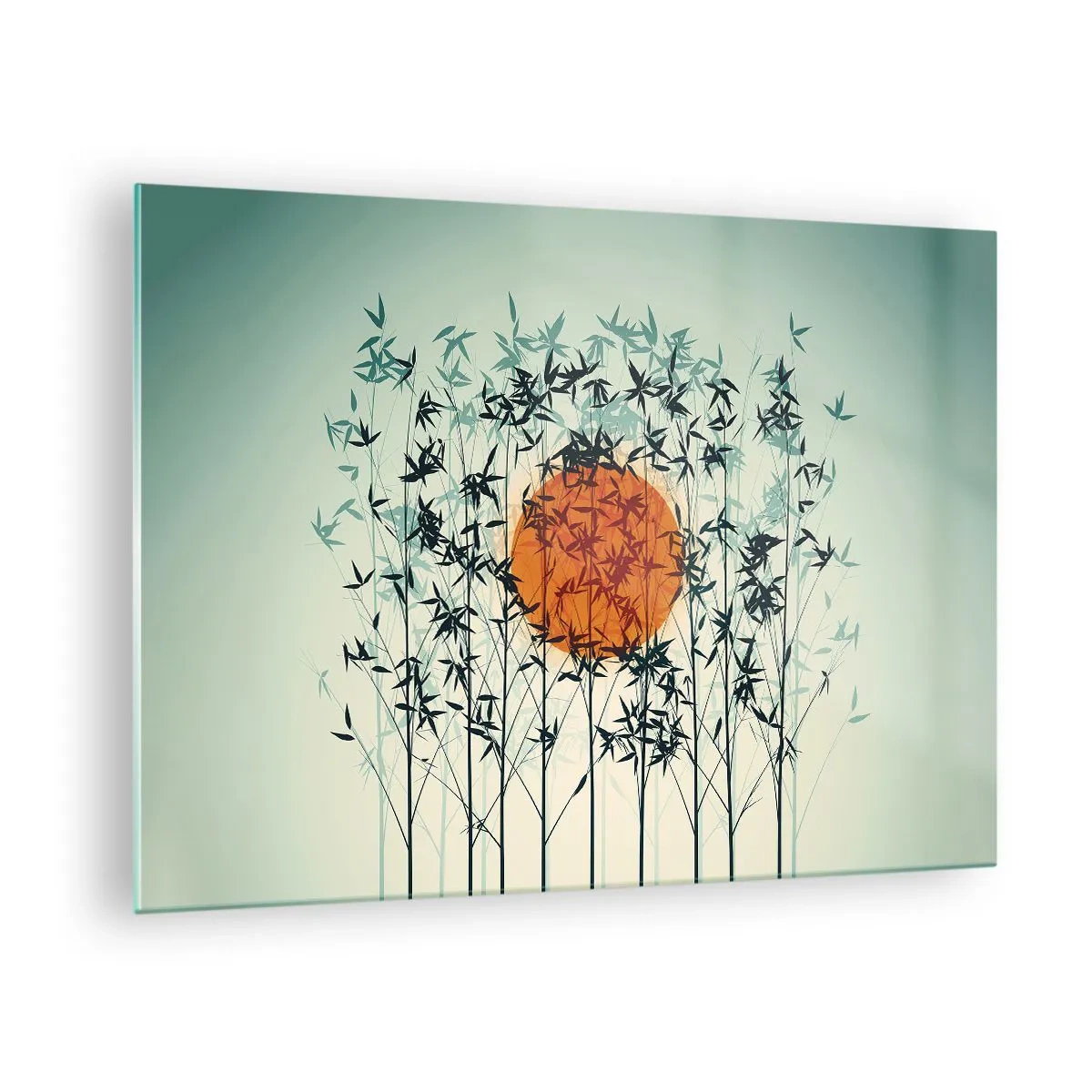 Glass picture - Red sun among delicate bamboo leaves - 70x50cm - Japanese Sun - Modern wall decoration for the living room and bedroom ARTTOR