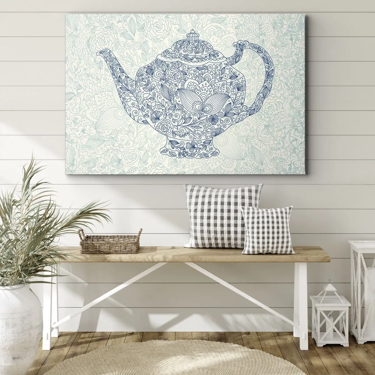 Canvas picture - Decorative drawing of a teapot with blue ornaments - 70x50cm - Charm of Tea - Modern wall decoration for the living room and bedroom ARTTOR