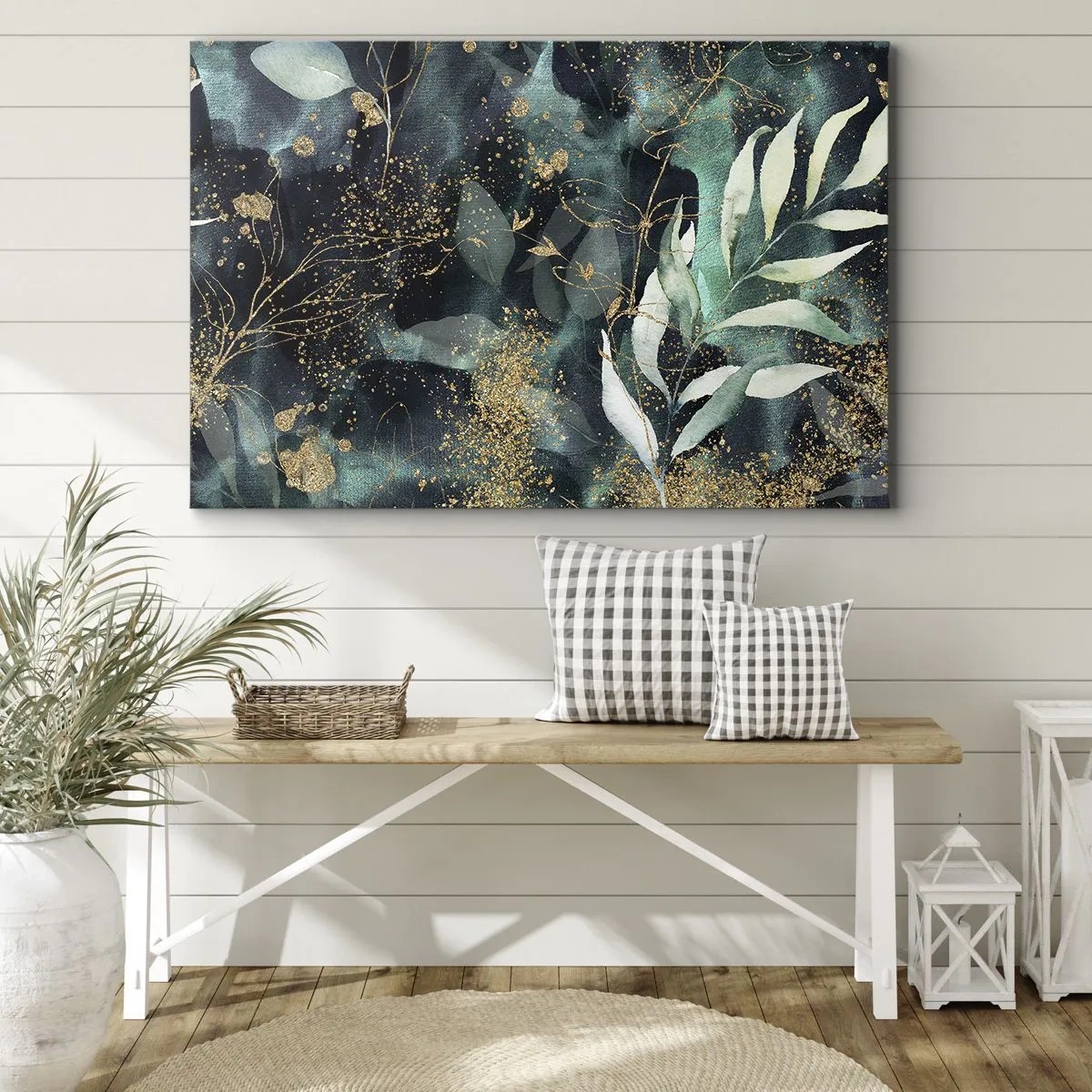 Canvas picture - Elegant leaves on a dark background with gold accents - 70x50cm - Enchanted Garden - Modern wall decoration for the living room and bedroom ARTTOR