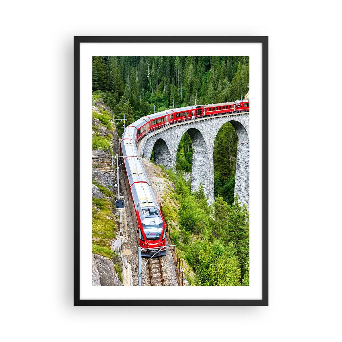 Poster in black frame - A red train on a viaduct surrounded by a green forest - 50x70cm - Time for Mountin Views - Modern wall decoration for the living room and bedroom ARTTOR