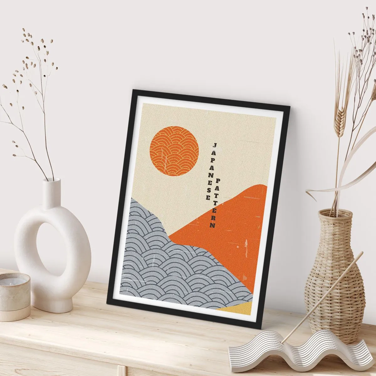 Poster in black frame - Minimalist Japanese pattern with waves and sun - 50x70cm - In the Japanese Spirit - Modern wall decoration for the living room and bedroom ARTTOR