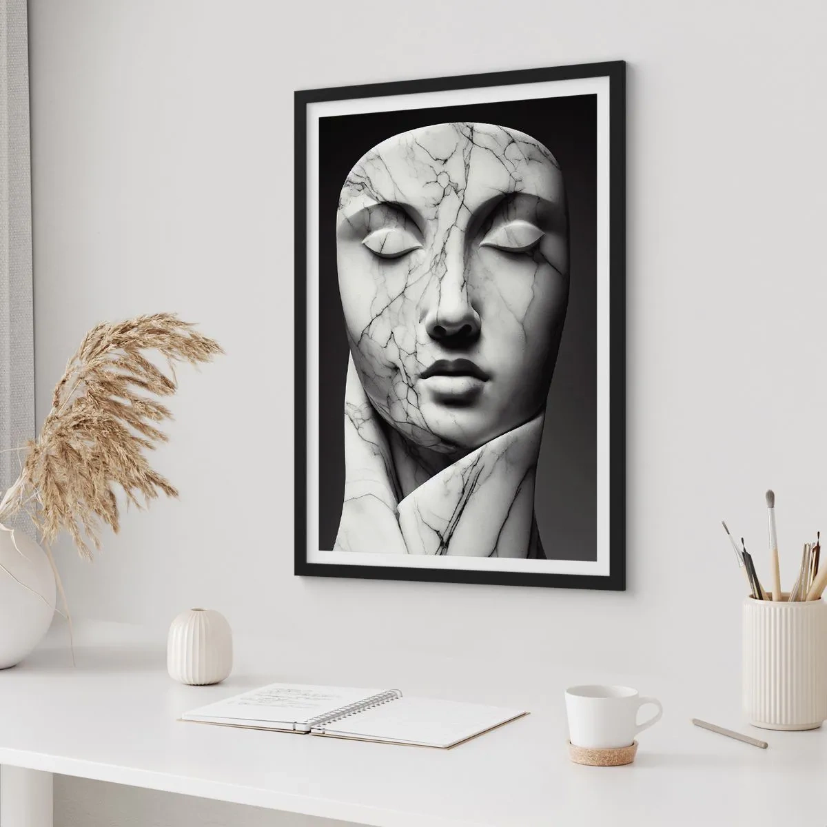 Poster in black frame - Marble sculpture face with closed eyes on a black background - 50x70cm - Marble Shapes - Modern wall decoration for the living room and bedroom ARTTOR