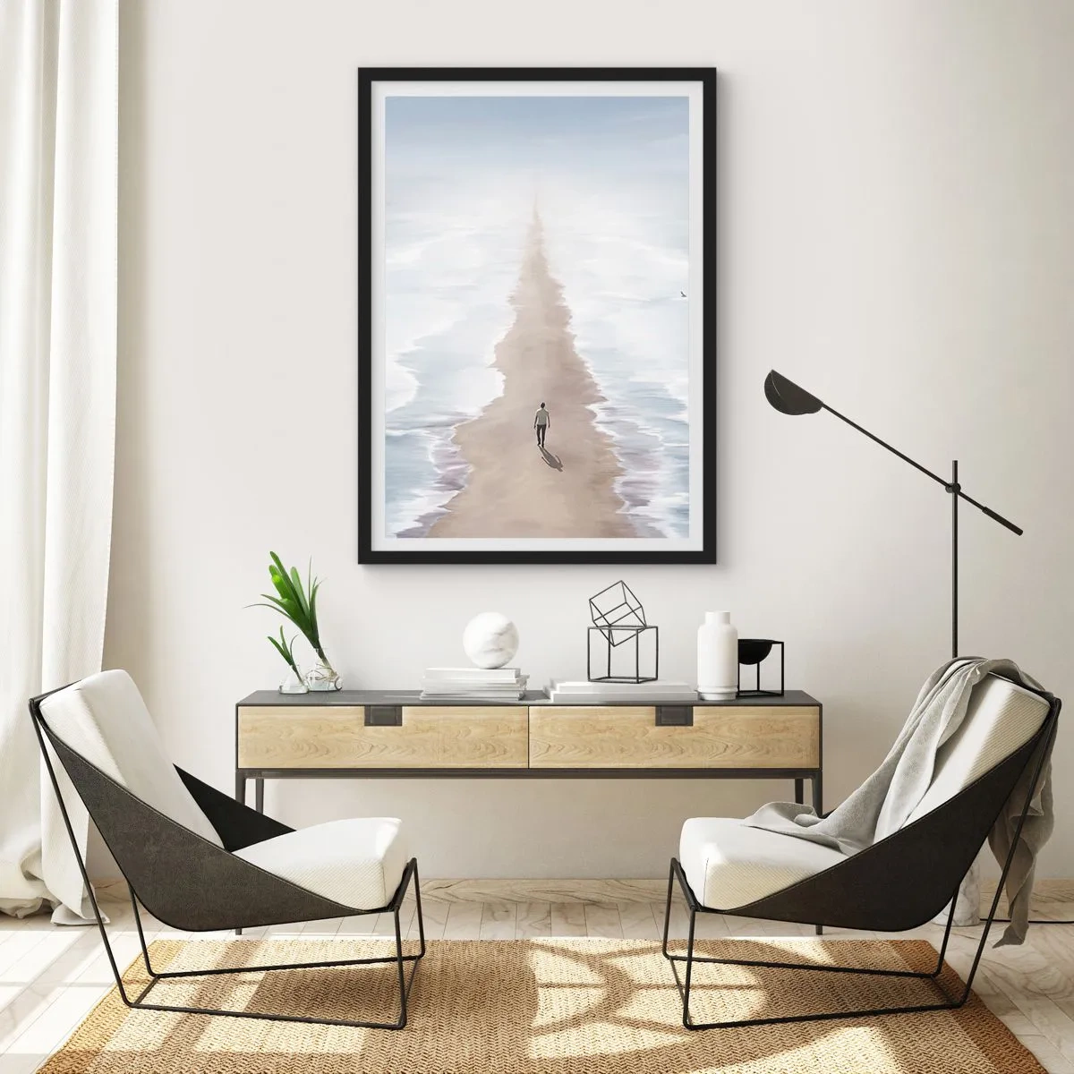 Poster in black frame - A figure walks alone along a path among calm waters. - 50x70cm - Bright Future - Modern wall decoration for the living room and bedroom ARTTOR