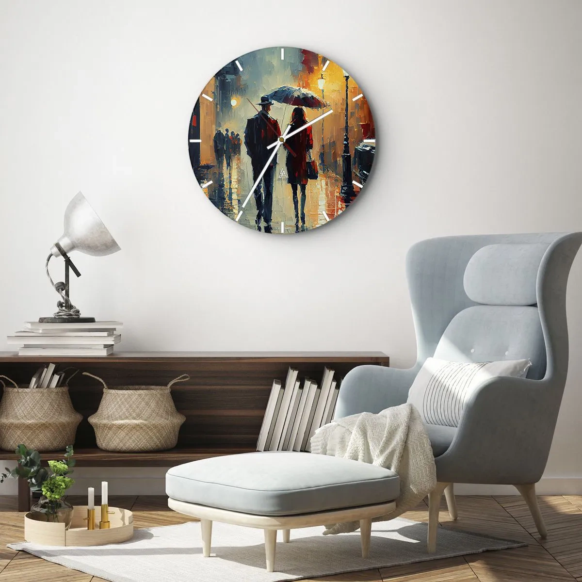 Wall clock - Clock on glass - A couple under an umbrella in an urban setting painted with palette knife - 30x30cm - Urban Love Story - Modern wall decoration for the living room, kitchen, and bedroom ARTTOR