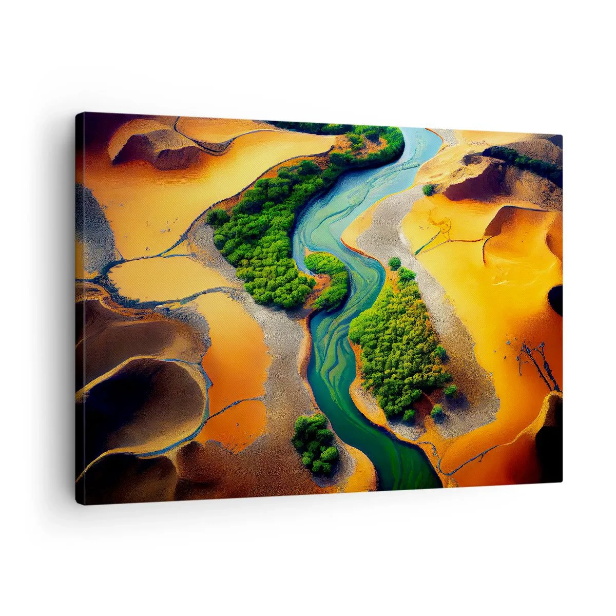 Canvas picture - A green river surrounded by golden sands and vegetation - 70x50cm - Life-giving River - Modern wall decoration for the living room and bedroom ARTTOR
