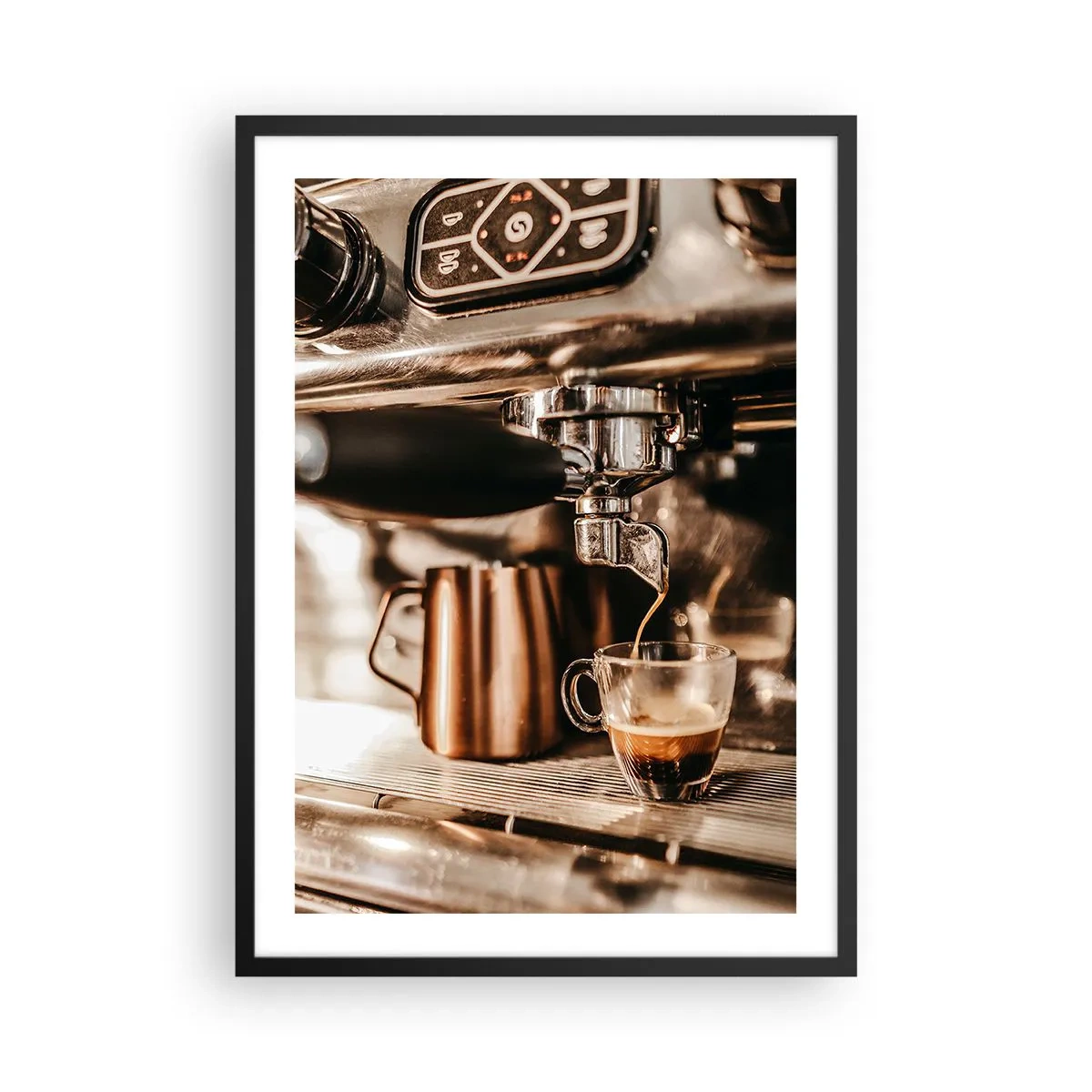 Poster in black frame - Aromatic espresso from the espresso machine - 50x70cm - Glow of a Coffee - Modern wall decoration for the living room and bedroom ARTTOR