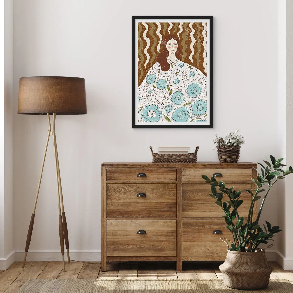 Poster in black frame - Stylized portrait of a woman in a floral dress against a background of wavy patterns. - 50x70cm - Portrait in a Flowery Robe - Modern wall decoration for the living room and bedroom ARTTOR