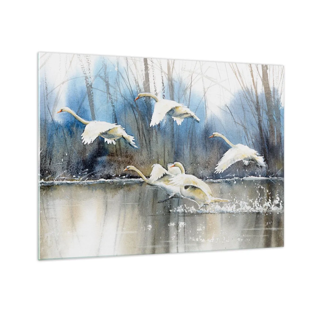 Glass picture - Wild swans flying over a peaceful forest lake - 70x50cm - Like in a Fairy Tale about Wild Swans - Modern wall decoration for the living room and bedroom ARTTOR