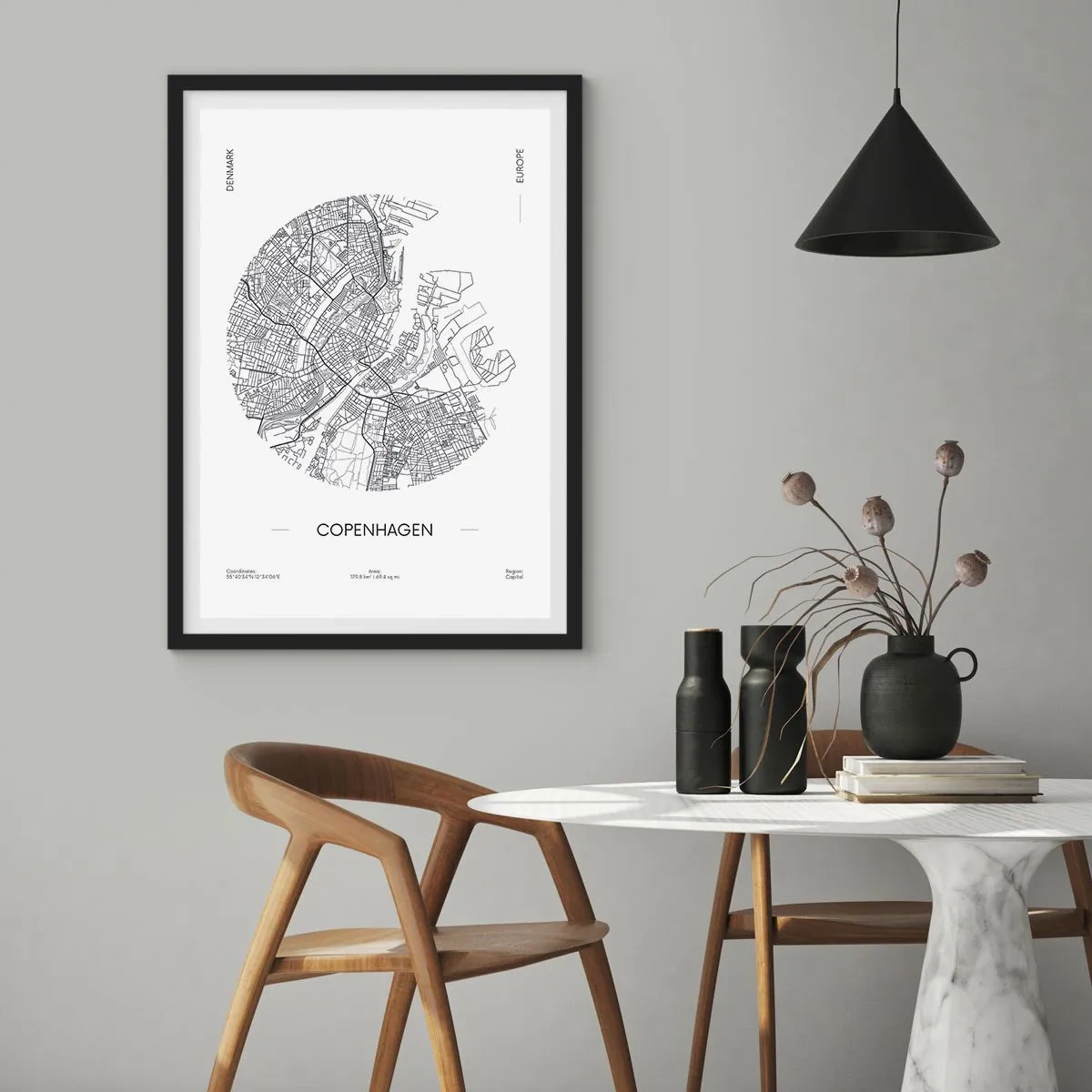 Poster in black frame - A minimalist map of Copenhagen in black and white. - 50x70cm - Anatomy of Copenhagen - Modern wall decoration for the living room and bedroom ARTTOR