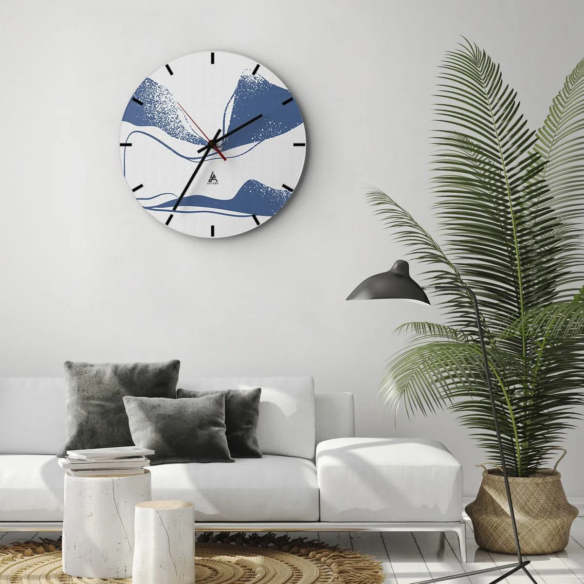 Wall clock - Clock on glass - Graphic abstraction with blue wings on a white background - 30x30cm - Abstract with Wings - Modern wall decoration for the living room, kitchen, and bedroom ARTTOR