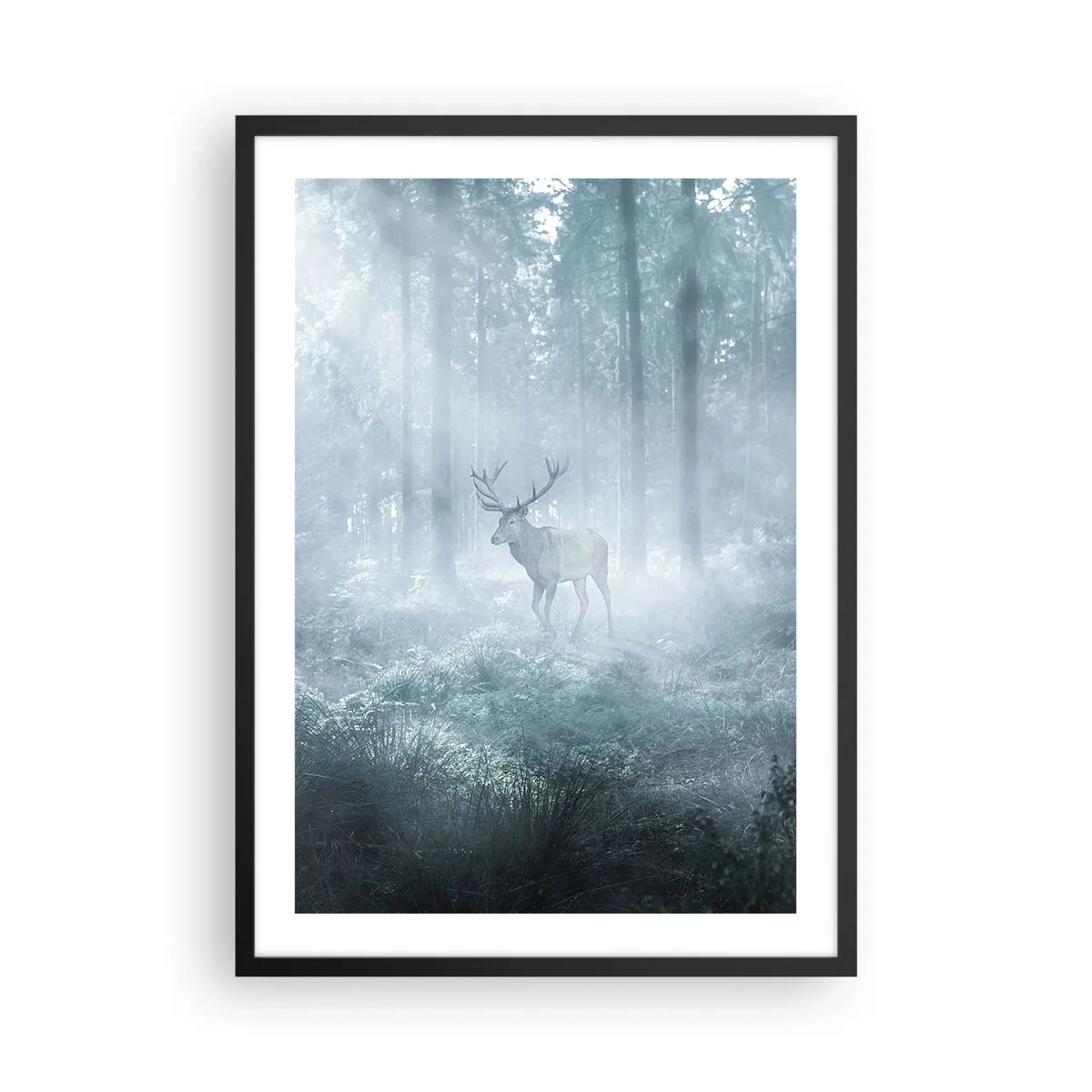 Poster in black frame - Deer in the morning fog in the forest - 50x70cm - Morning Round of the Estate - Modern wall decoration for the living room and bedroom ARTTOR