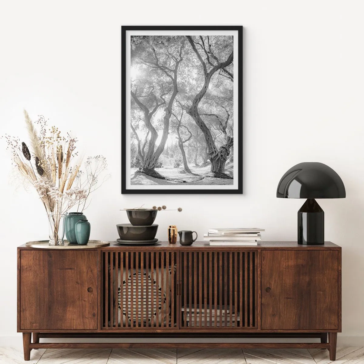Poster in black frame - Black and white photograph of winding trees in the sunlight - 50x70cm - In an Olive Grove - Modern wall decoration for the living room and bedroom ARTTOR