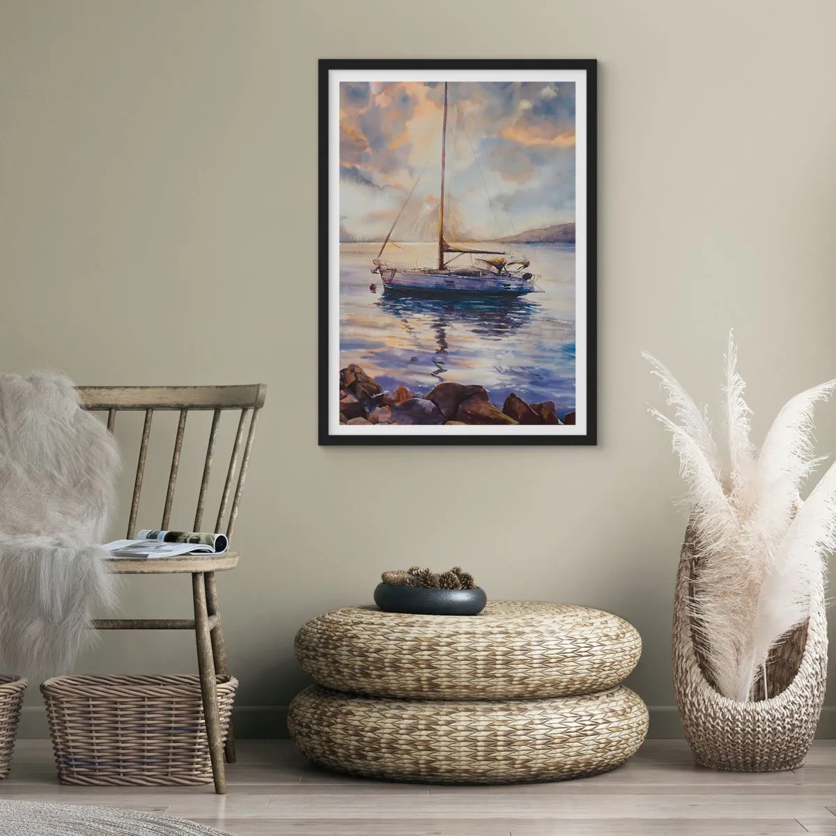 Poster in black frame - A sailboat on calm water in the sunset light - 50x70cm - Evening in Harbour - Modern wall decoration for the living room and bedroom ARTTOR