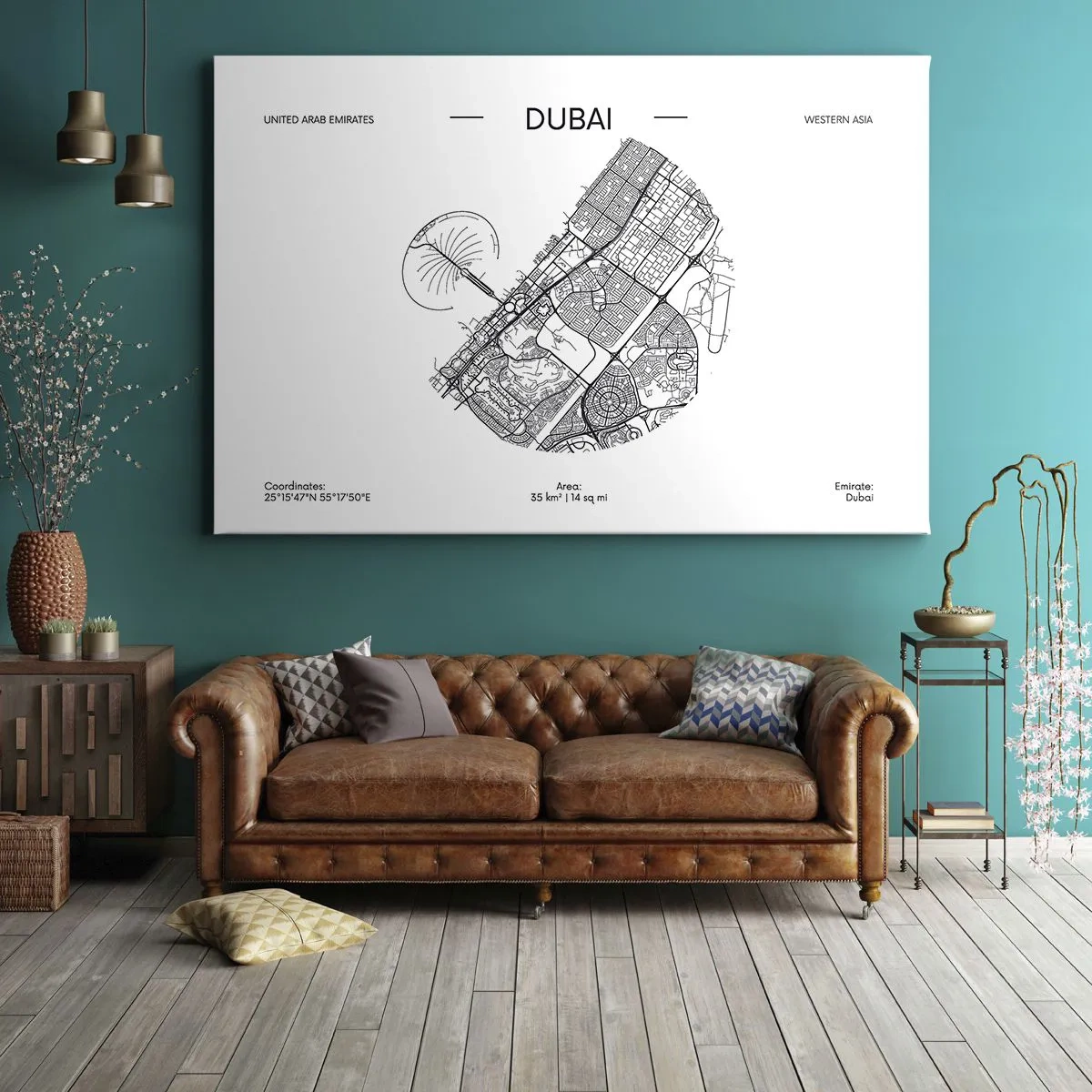 Canvas picture - A minimalist black and white map of Dubai with location markings. - 70x50cm - Anatomy of Dubai - Modern wall decoration for the living room and bedroom ARTTOR