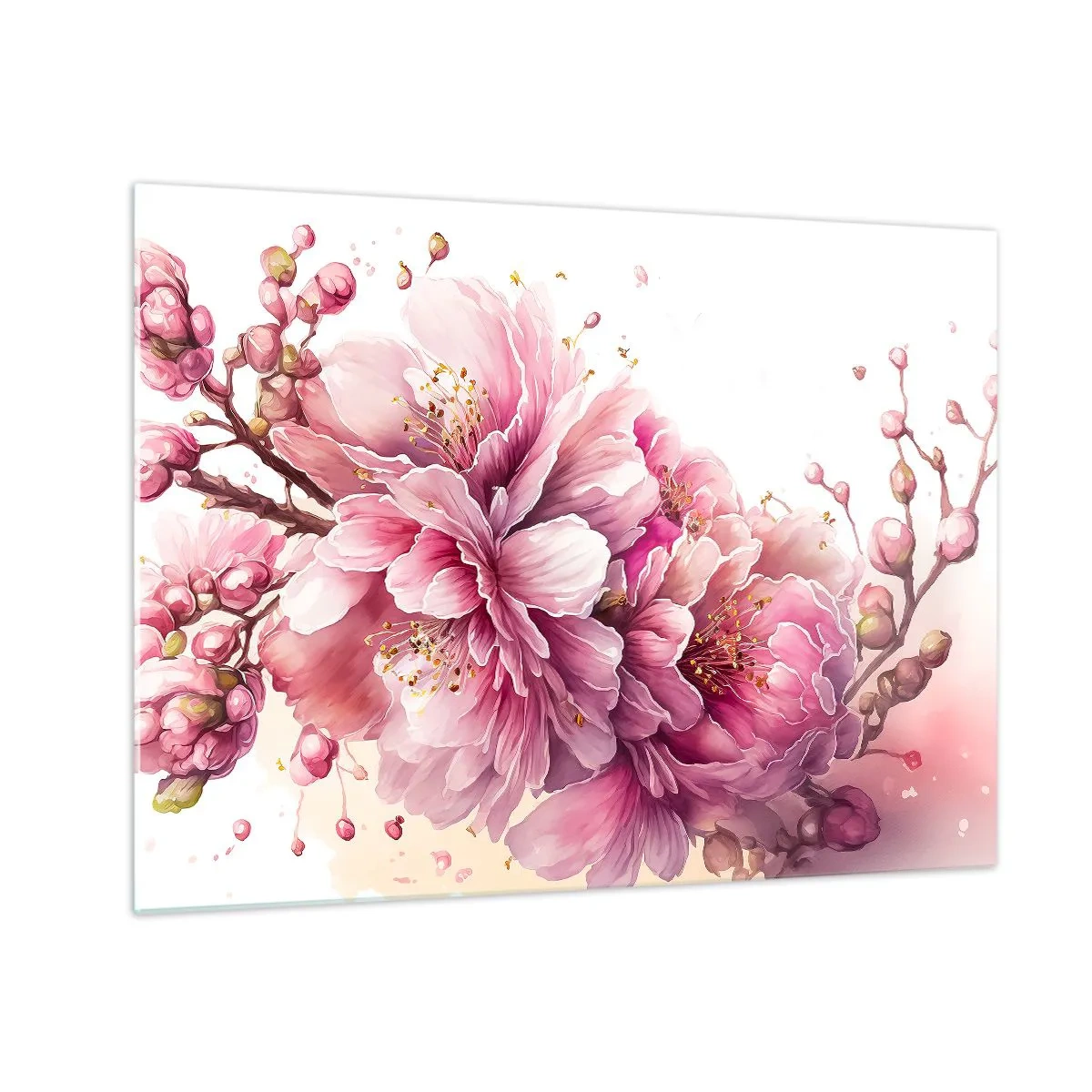 Glass picture - Pink cherry blossoms in full bloom against a light background - 70x50cm - Land of Cherry Blossoms - Modern wall decoration for the living room and bedroom ARTTOR