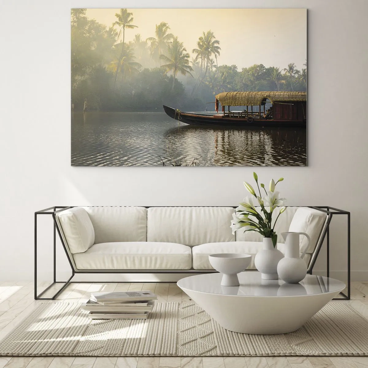 Glass picture - A boat on a calm river surrounded by palm trees in the morning - 70x50cm - House on the River - Modern wall decoration for the living room and bedroom ARTTOR