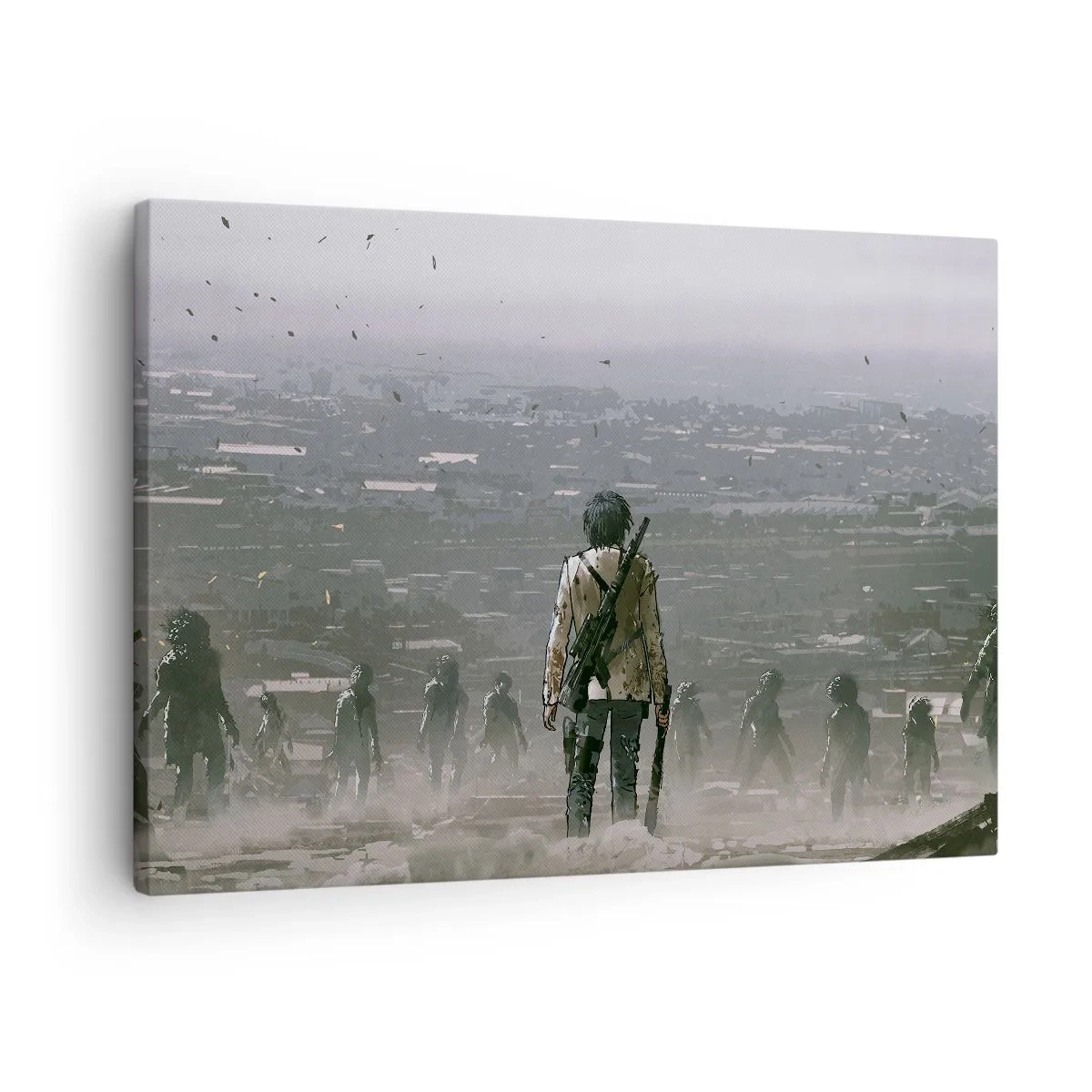 Canvas picture - A figure with a gun stands in front of a group in a dystopian landscape. - 70x50cm - Last Man Standing - Modern wall decoration for the living room and bedroom ARTTOR